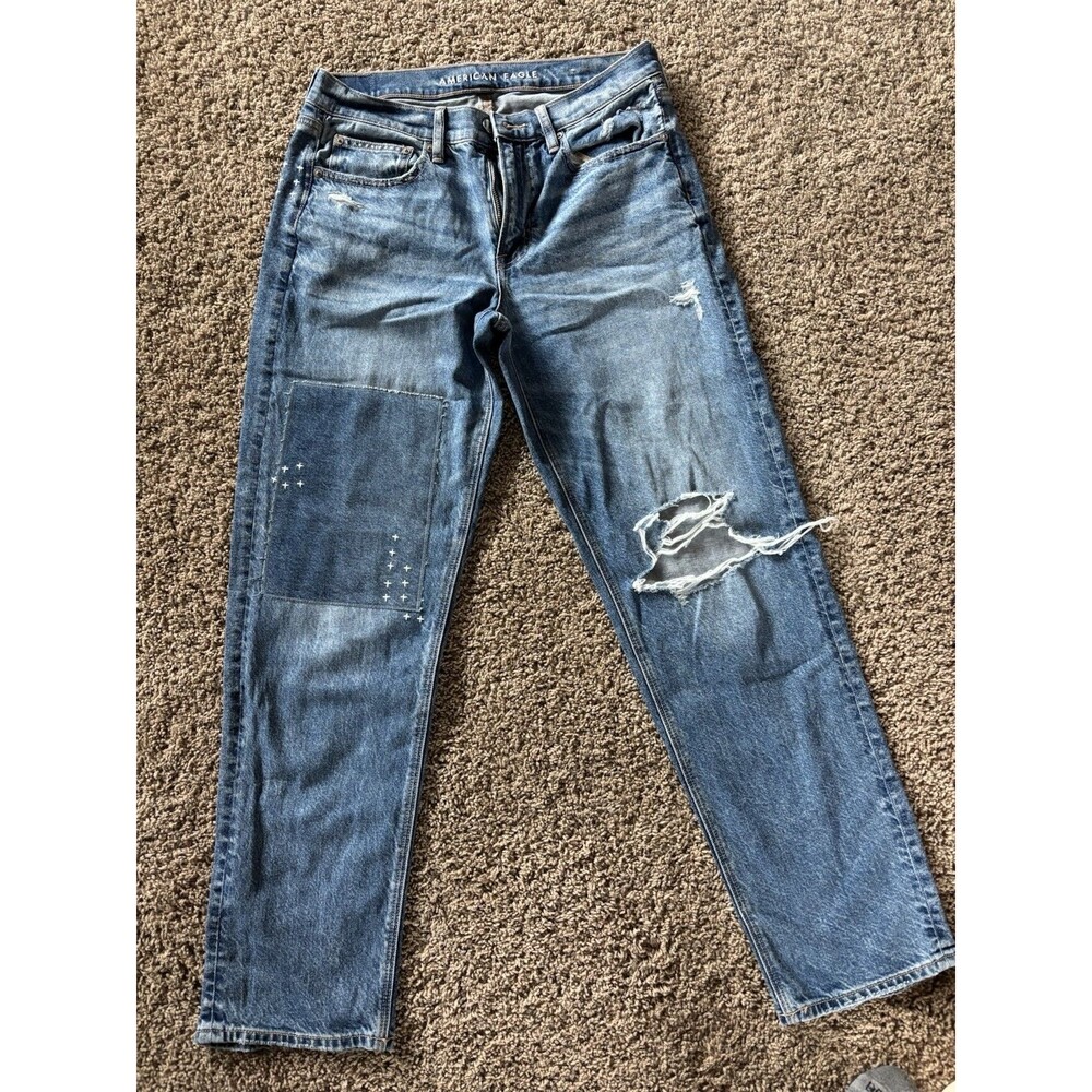 American Eagle 90s Straight Distressed Jeans Womens Size 6 Mid Rise Stars Patch